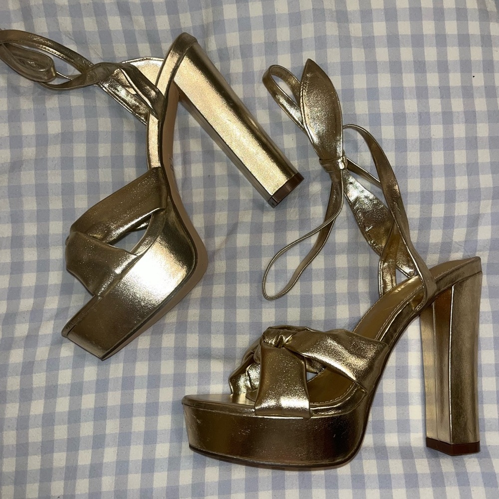 Gold platform wrap heels